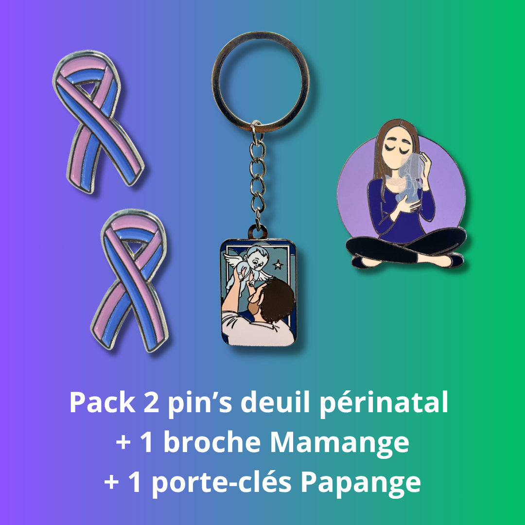 Pack 2 pin's deuil périnatal + 1 broche Mamange + 1 porte-clés Papange